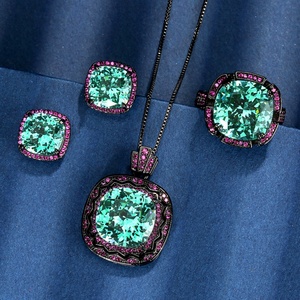 Fashion Eco-friendly Copper 14*14mm Green Zircon Pendant <b>Earrings</b> Ring <b>Set</b> Black Gold Plated Jewellery <b>Sets</b> for Women Bold Style - Product Image 3