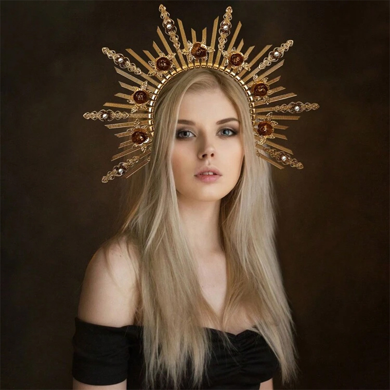Boho Celestial Flower Crown Gold Sunburst Charm Sunburst Golden Flower Crown Women, Halo Crown Gold Roses  main image 4