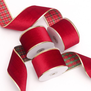 Pita Grid dengan Pinggiran Berlapis Emas, Pita Pembungkus Natal DIY untuk Dekorasi Pohon Natal & Hadiah - Product Image 3