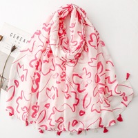 Écharpe à franges imprimée florale noire et blanche de haute qualité toutes saisons, douce, en viscose et coton, longues écharpes larges, foulards, hijabs