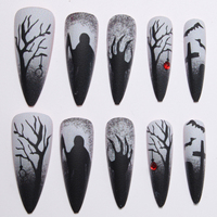 Faux ongles Halloween en ABS à presser – Noir, French Manucure, motif toile d'araignée, pailleté, nude, tendance, forme amande, pour style gothique