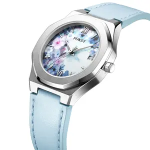 5ATM Water Resistant Stainless Steel Women Fashion Watch Florals Embossed Custom Logo Light Blue