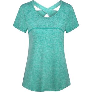 Camiseta Deportiva FOXA para Mujer, Manga Corta, Espalda Cruzada, Transpirable, de Spandex y Poliéster, para Yoga - Product Image 1