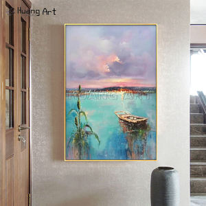 Pintura al óleo de paisaje de estilo moderno hecho a mano sobre lienzo pintor experto amanecer paisaje marino para decoración de habitación barco estacionado junto al <span class=keywords><strong>lago</strong></span> - Product Image 2