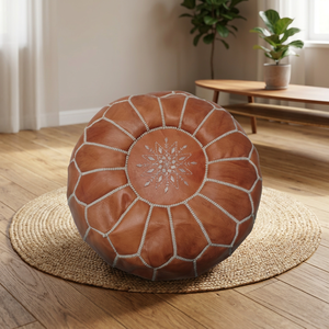 Round Embroidered Leather Pouf Cushion <b>Cover</b> Bohemian Style Handmade Stitched Design Home Decor - Product Image 2