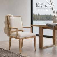 Fauteuil de salle à manger contemporain et moderne français, rembourré, avec dossier carré, structure en chêne blanc américain massif pour une salle à manger élégante