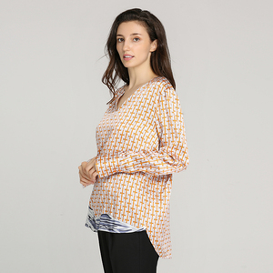 Alta calidad preferido naranja impreso seda cuello en V <span class=keywords><strong>manga</strong></span> larga clásico de oficina t camisa blusa - Product Image 4