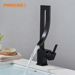 Robinet de lavabo moderne et créatif en acier inoxydable noir chromé, monotrou, à poser sur le plan, design cascade, avec cartouche céramique, pour la maison - Product Image 2