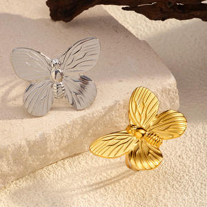 خاتم نسائي نحاسي بتصميم فريد على شكل فراشة مع حجر طبيعي، ذو إحساس راقٍ، لا يتلاشى، خاتم مفتوح، مجوهرات ذهبية - Product Image 2