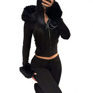 Sweat-shirt court à capuche noir pour femme avec bordure en fourrure, fermeture éclair sur le devant, manches longues en tricot, vêtements d'hiver - Product Image 1
