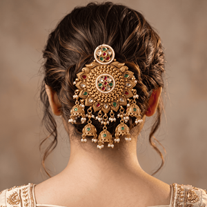 Broche à cheveux plaquée or avec motif paon, pierres précieuses multicolores, perles et bijoux de mariée indiens traditionnels ornés - Product Image 4