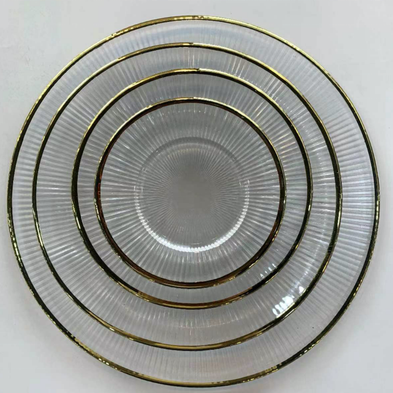 Wholesale Cheap Party Events Rental Dinnerware Stripped Design Pink Gold Rim Glass Charger Plate