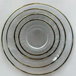 Grosir Acara Pesta Murah Sewa Alat Makan Desain Stripped Pink Gold Rim Glass Charger Plate