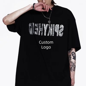 T-shirt décontracté pour hommes en coton, coupe oversize et carrée, épaules tombantes, avec motif en strass par transfert thermique, vente en gros - Product Image 1