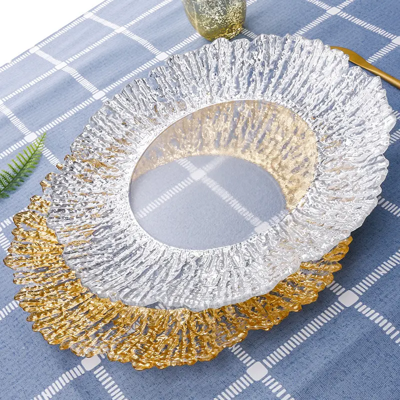 13 inç lüks cam tabak büyük yuvarlak altın gümüş Trim temizle şarj plaka düğün ziyafet masa gereçleri
