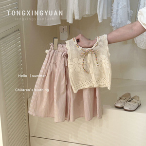 Tongxingyuan Girls' Hollow Knit Vest Summer Thin Cotton Top Set A-<b>Line</b> Skirt Children's Outfit - Product Image 1