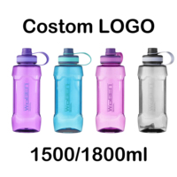 Bouteille d'eau en plastique à grande capacité (1,5 L / 1,8 L) sans BPA, anti-fuite, avec poignée de transport et bouchon à vis, à débit rapide, personnalisable avec logo, idéale pour la salle de sport