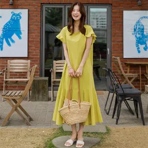 थोक कोरियाई ढीला पतली स्वभाव आकस्मिक कपास लिनन पोशाक महिलाओं की गर्मियों व्याकुल सिले भड़क आस्तीन घुटने लंबाई स्कर्ट