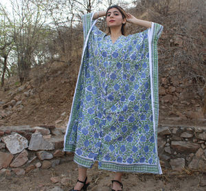 100% Cotton Hand Block Printed <b>Kaftan</b> Elegant Floral Print Embellished Border Casual Boho Modest Pure Indian Clothing <b>Kaftan</b> - Product Image 2