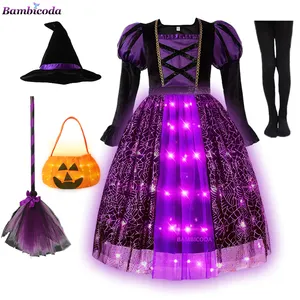 Sparkly Witch Halloween Kostüme für Mädchen Led Light up Lila Langes Kleid für Kinder Karneval Cosplay Outfit mit Besen hut