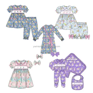 Gold Suppler Children Smocked Pajamas Easter Holiday Baby Girls Dresses Boutique Top and Pants Clothes Outfits