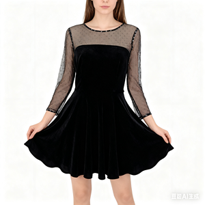 เดรสผู้หญิงทรงเข้ารูป ยาวคลุมเข่า ผ้ากำมะหยี่สีเงิน ลายด็อบบี้ เอวธรรมชาติ แต่งลูกไม้ กระดุม ซิป ทอแบบพิเศษ รุ่น ALBBCBS07 - Product Image 4