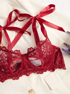 ชุดชั้นในลูกไม้สุดโรแมนติกและสนุกสนานแนวฝรั่งเศสสำหรับผู้หญิงเซตชุดชั้นในเซ็กซี่ผูกโบว์แบบสามจุดสำหรับเก็บแหวนเหล็ก - Product Image 4