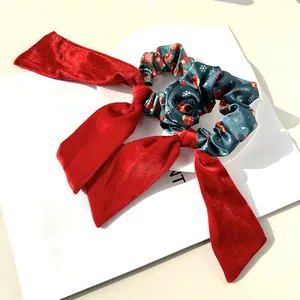 Christmas Printed Hair Tie Bow velvet Streamer Sweet Sweet Snowman hairband Intestine Ring Elastic For Women Hair Scrunchies