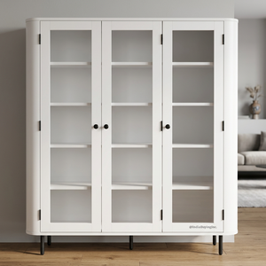 Armoire de présentation à 3 portes en bois de manguier massif avec portes vitrées, étagères et pieds en métal, meuble de rangement moderne - Product Image 3