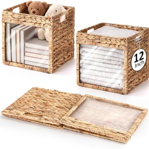 Woven Storage <b>Basket</b> 12 Inch Square <b>Foldable</b> With Transparent Panel For Toys And Towels Organizer - Product Image 1