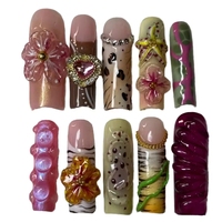 Nouveau design – Faux ongles longs en forme de cercueil à motifs floraux romantiques d'été, faits main et personnalisés, à presser, pour fête de filles, avec autocollants