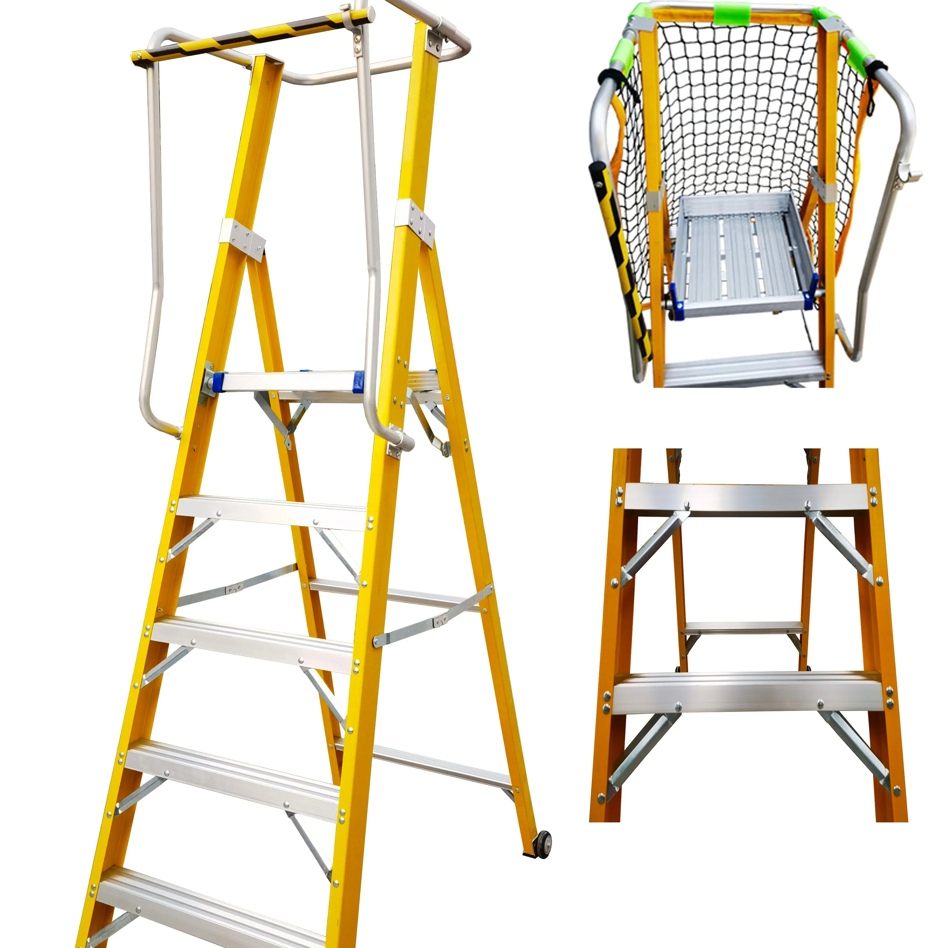 Industrial Mobile Portable Insulated Fiberglass Ladder Platform Step Ladder Stand With Handrail fiberglass extension ladder
