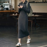 Robe midi en tricot pour femme, col châle, demi-zip, extra longue, grande taille, droite, simple, naturelle, ODM