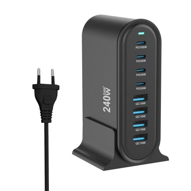 New 240W Gan Universal Desktop Portable Phone Laptop Usb Multi-Port 4 Usb 4 Type C Fast Wall Charger Adapter With Led Display