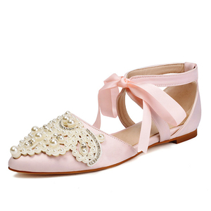 Big Size 45 Women Summer Outdoor Silk Lace-up <b>Flat</b> Shoes <b>Pointed</b> <b>Toe</b> Beads Ornaments Ballet Pumps Wide Fit Sandals - Product Image 2