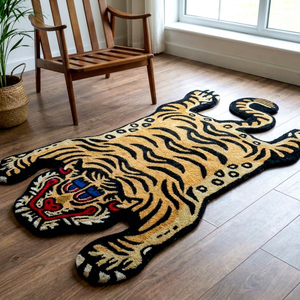 Tapis de salon bohème en forme de tigre, tufté à la main, en laine et acrylique, imprimé animal, avec dos antidérapant en caoutchouc - Product Image 1