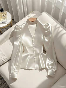 Camicetta <span class=keywords><strong>Bianca</strong></span> in <span class=keywords><strong>Raso</strong></span> a Maniche Lunghe con Scollo a V, Vita Regolare, Orlo Plissettato, Elegante e Casual per l'Estate e la Vita Quotidiana Femminile - Product Image 2