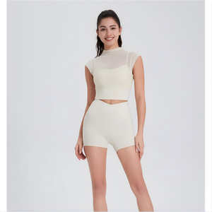 Wholesale Women's Mesh <b>Mock</b> <b>Neck</b> 2 in 1 Yoga <b>Top</b> Slim Fit Built-in Bra Crop <b>Top</b> High Stretch Breathable Athletic Pilates Shirt - Product Image 3