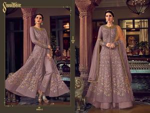 ชุดราตรีซาลวาร์คาเมซตาข่ายสีขาวหิมะสีม่วงงานปักลายจากอินเดีย - Product Image 3