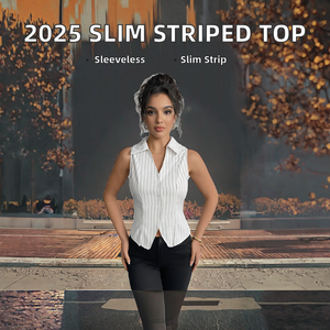 2025 <b>Spring</b> Slim Short <b>Cardigan</b> Top Women New European American Style Striped Sleeveless Shirt Collar Button 100% Polyester - Product Image 2