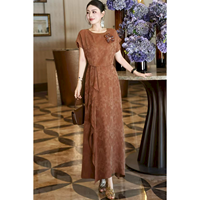 Gaun Panjang Wanita Model Siluet Swing Ramping Berbahan Jacquard Motif Bunga Berhias Manik-Manik Gaya Retro Dewasa Elegan dengan Kontrol Pinggang