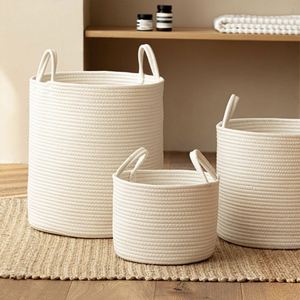 Panier à linge en corde de coton tricotée, seau de rangement en tissu tissé à la main avec poignée, organisateur de vêtements pliable pour la vente en gros - Product Image 3