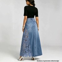 Jupe longue en jean taille haute à patchwork floral en dentelle pour femme, style bohème, coupe trapèze, chic, streetwear, vente en gros de vêtements