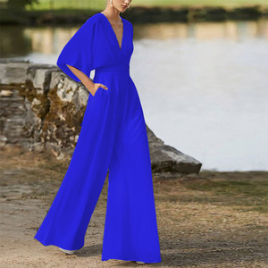 Combinaison Femme Élégante Décontractée à Jambes Larges Col V Manches Fluides Style <span class=keywords><strong>Palazzo</strong></span> Multicolore Nouvelle Collection Été 2026 - Product Image 3