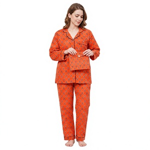 Conjunto de Pijama de Algodón 100% con Estampado Floral Naranja para Mujer, Manga Larga, Largo Completo, Elegante, Informal, Cuello Camisero, Elástico - Product Image 1