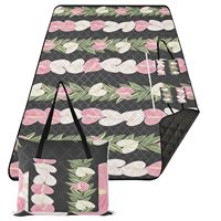 Selimut Piknik Desain Khusus 150*200 Portabel Lipat Tahan Air dengan Ritsleting, Alas Pantai Motif Bunga Hawaii, Tas Jinjing Alas Piknik Besar