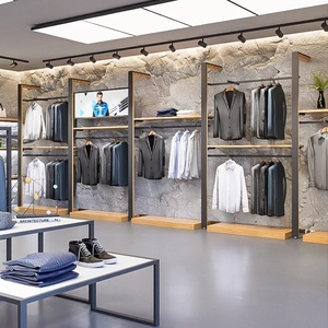 Espositori per Negozio di Abbigliamento Maschile, Scaffali in Acciaio Nero e Legno per Abiti Formali e <span class=keywords><strong>Camicie</strong></span> da Uomo - Product Image 3