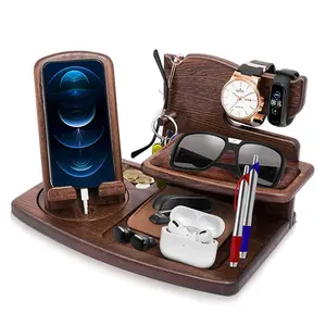 Table Top Rotating Phone Stand Ideal Craft Gifts Wooden Phone Docking Station with Key Holder