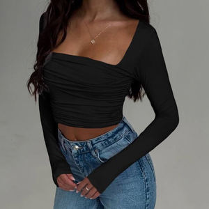 Women <b>Sexy</b> Square Neck Long Sleeve <b>T</b> <b>Shirt</b> Ruched Bust Slim Fit Body Hugging Cropped Base Top - Product Image 2