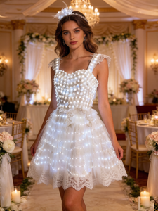Robe de soirée lumineuse à LED pour femmes, robe de fée blanche scintillante avec coiffe en plumes, costume lumineux rechargeable - Product Image 1